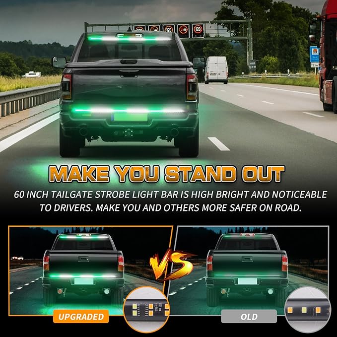 XRIDONSEN 48 inch Tailgate Green White Emergency Light Strip 288 LED Tail/Rear Window Strobe Lights Fire Fighter Lights Flashing Warning Hazard Safety Caution for Vehicles Fire dept Trucks Pickup POV
