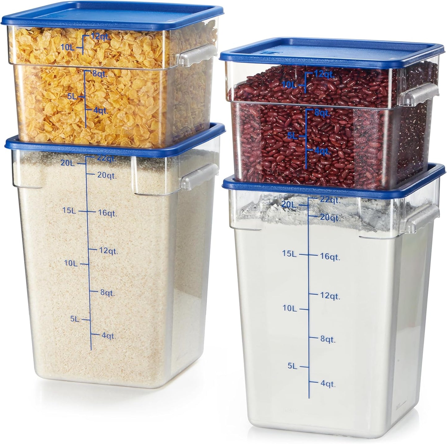 CURTA 4-Pack Food Storage Containers with Blue Lids - 12 Qt & 22 Qt Square Clear Polycarbonate - NSF Listed, Commercial Grade, Freezer & Dishwasher Safe, Stackable