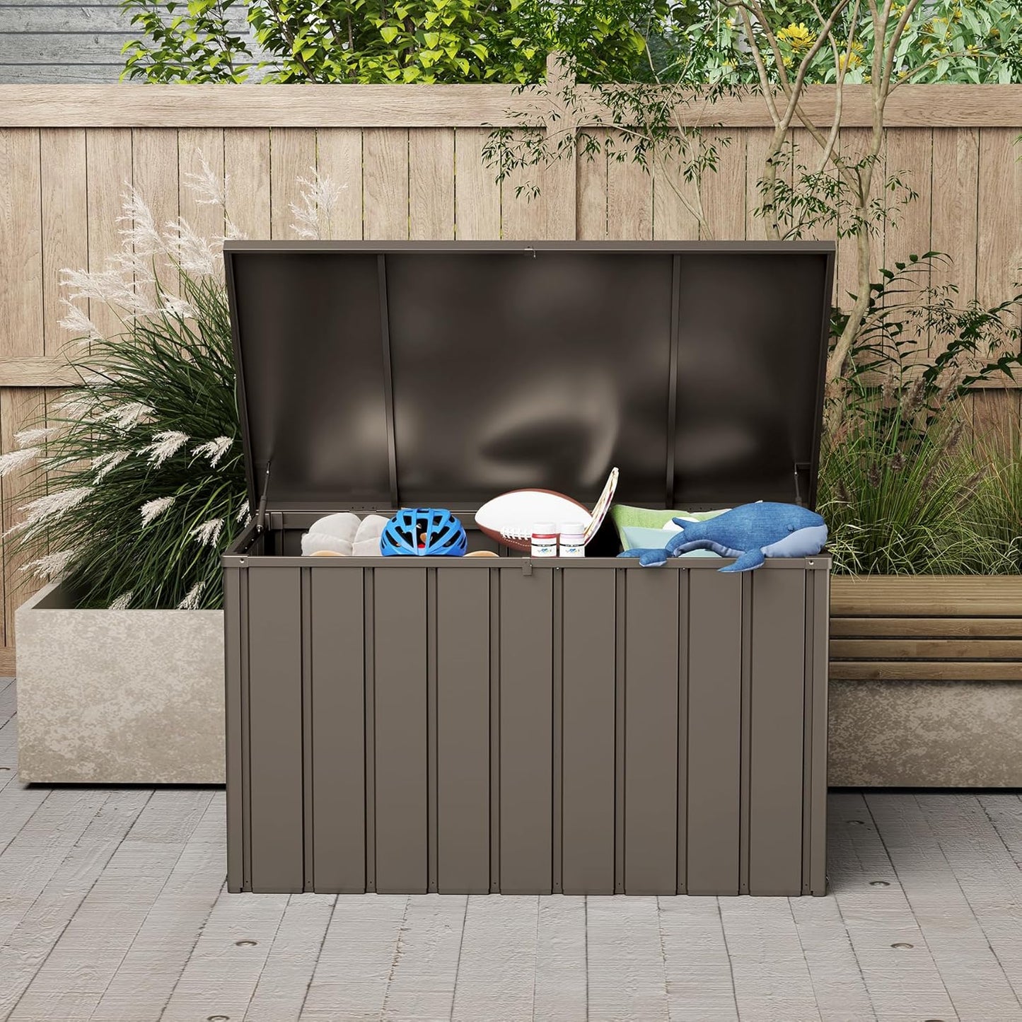 Domi Deck Box 160 Gallon, Waterproof Lockable Steel Outdoor Storage Container for Outside Cushions, Garden Tools and Pools Equipment, Brown