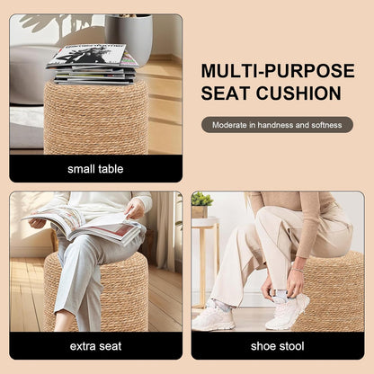 16'' Round Ottoman Natural Seagrass Braided Poof Hand Weaving Round Ottomans Boho Footrest Stool for Home Living Room Bedroom Patio(Natural)