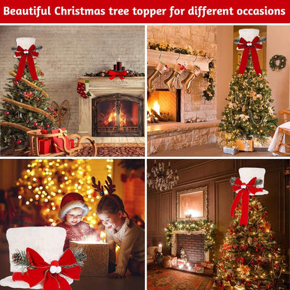 Christmas Tree Topper Hat with 3D LED Rotating Snowflake Projector, White Plush Tree Toppers Red Bow Decorations for Christmas Tree Holiday Winter Party Indoor Decorations