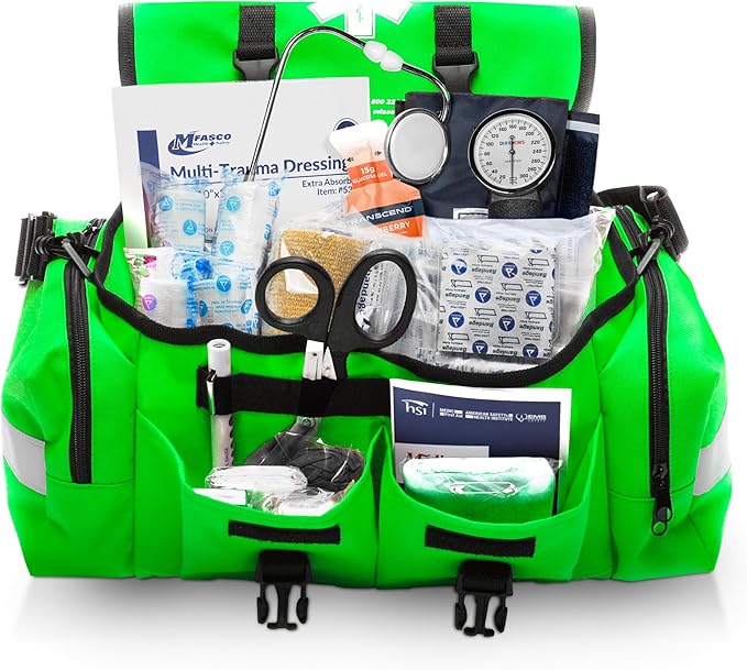 First Aid Kit - Fully Stocked Portable Reflective Bag -First Responder Emergency Response Kit-for Natural Disaster Preparedness-Customizable Storage-Includes 415 Pcs First Aid Supplies - Lime Green