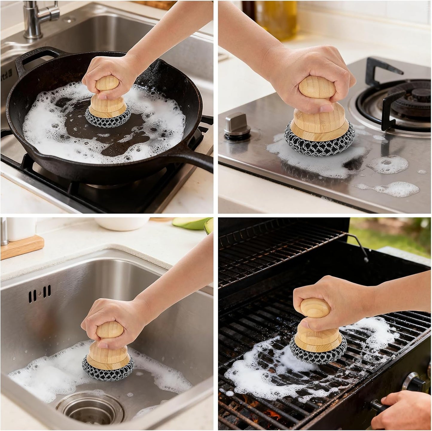 Cast Iron Scrubber and Scraper,Chain Mail Cleaner with Bamboo Handle & Draining Tray,316 Stainless Steel Brush for Cleaning Pots,Pans,Wok,Bakeware,Griddles, Grills,Dishes (Large Chain Mail)