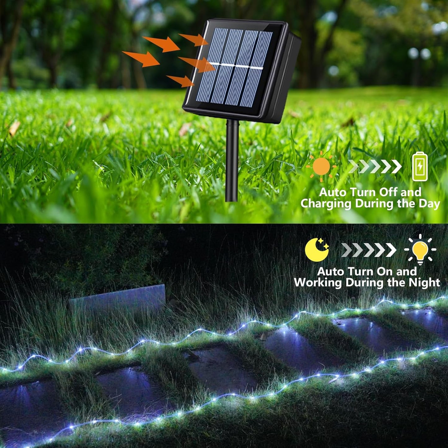 YEGUO 2 Packs Each 33ft 100 LED Solar Rope Lights Outdoor Waterproof, White String Lights for Outside, 8 Modes Fairy Lights in Clear Thin Tube for Camping Fence Patio Garden Trampoline Deck