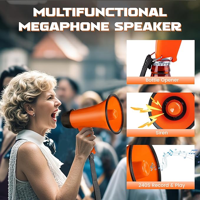 MyMealivos Portable Megaphone Bullhorn 20 Watt Power Megaphone Speaker Voice and Siren/Alarm Modes with Volume Control and Strap (Orange)