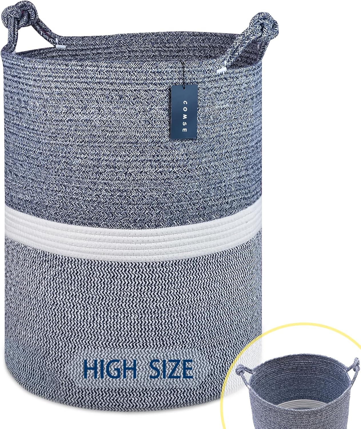 COMSE Extra Large Blanket Basket, Tall Woven Storage Basket, Nursery Hamper, 15.7”x 21.7”, Cotton Rope Laundry Hamper for Toys Clothes Towels, Blend Navy Blue/White