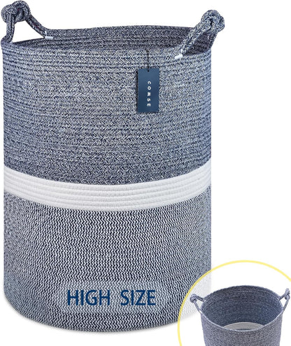 COMSE Extra Large Blanket Basket, Tall Woven Storage Basket, Nursery Hamper, 15.7”x 21.7”, Cotton Rope Laundry Hamper for Toys Clothes Towels, Blend Navy Blue/White