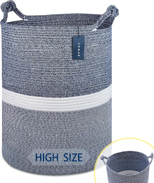 COMSE Extra Large Blanket Basket, Tall Woven Storage Basket, Nursery Hamper, 15.7”x 21.7”, Cotton Rope Laundry Hamper for Toys Clothes Towels, Blend Navy Blue/White
