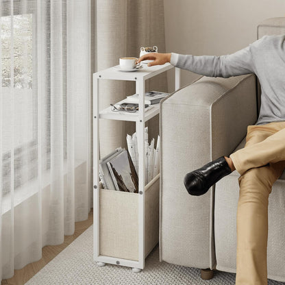 Narrow Side Table, Slim End Tables with Fabric Basket, Skinny Table for Small Spaces, Thin Bedside Table for Living Room, Bedroom (1, White + Camel Brown)