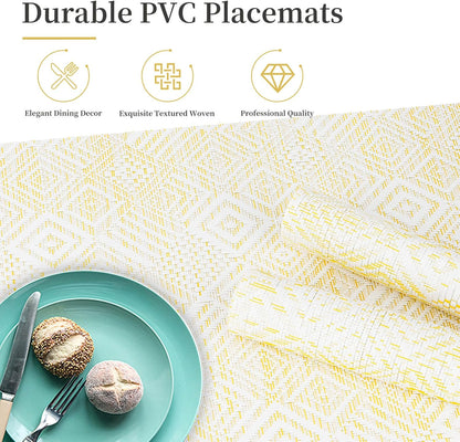 Vinyl Plastic Placemats Set of 6 Washable Heat Resistant Non-Slip Elegant Indoor Outdoor Kitchen Dining PVC Woven Table Place Mats (Yellow Squares)