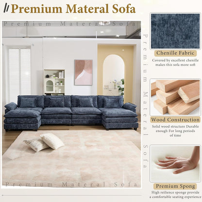 URRED Modular Sectional Sofa Comfy Cloud Couch, Modern Chenille Sofa Sleeper Deep Seat Couches with Ottoman/Pillows for Living Room (Blue, 154'' - U Shape)