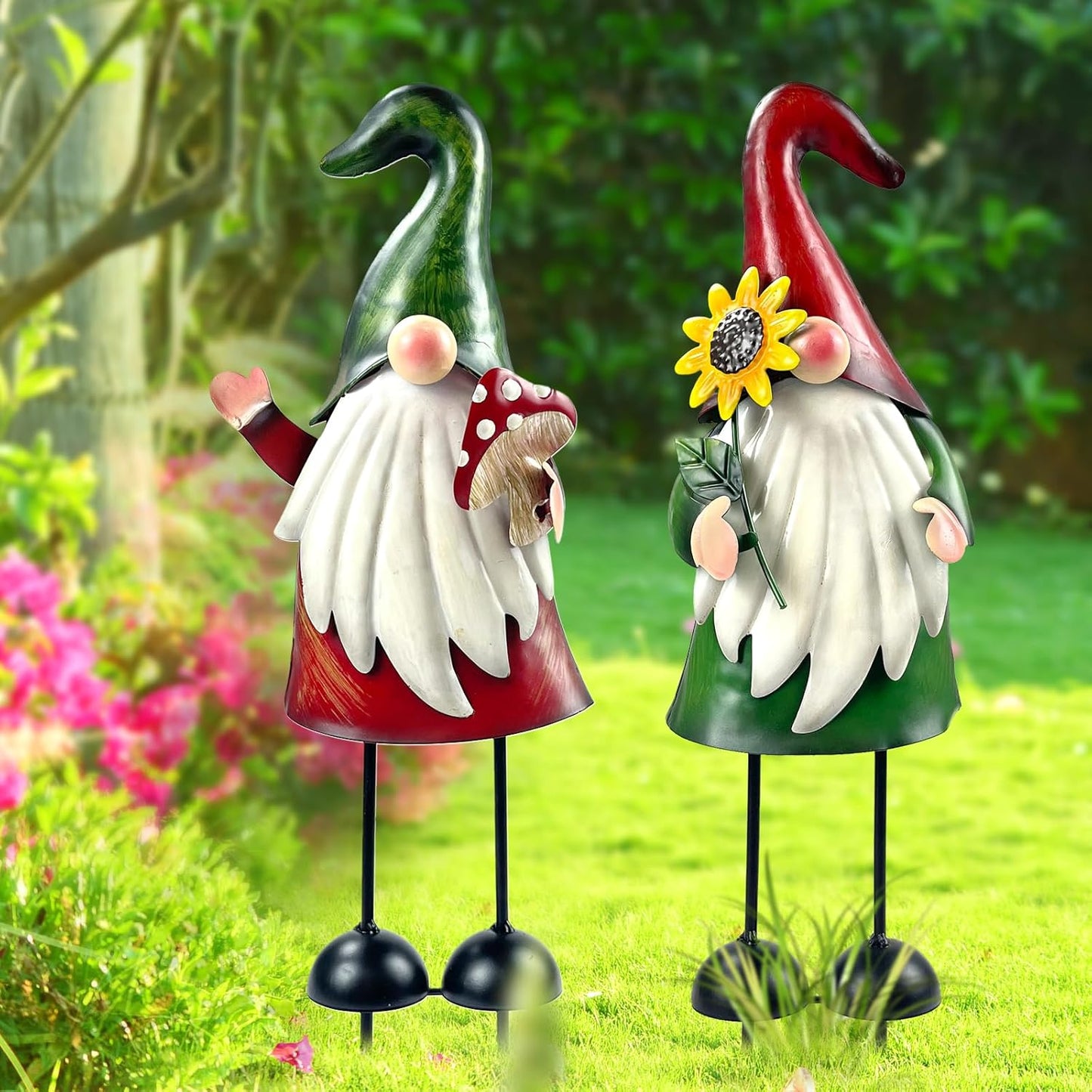 HONGLAND Metal Gnome Yard Art Outdoor Gnomes Garden Statue 18 Inch Gnome Figurine Decorative Stakes for Holiday Christmas Lawn Patio Yard Garden Decor-2 PCS