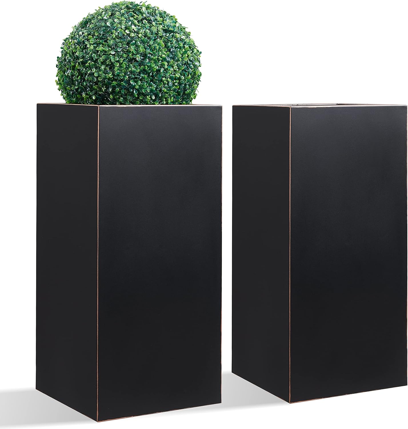 Metallic Heavy Planter for Outdoor Plants, 14Lx14Wx30H Inches, Tall Metal Planter Box with Hand Brushed Gold Edge for Outside & Indoor, 25 Pounds, No Assembly and Seamless, Set of 2 (Black)