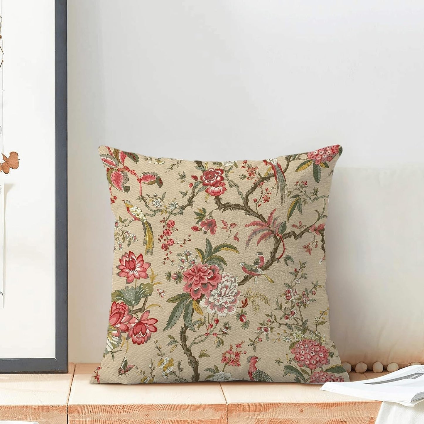 CXMEIFLY Spring Floral Birds Pillow Covers 16 x 16 Inch Set of 2 for Chinoiserie Flowers Decor Throw Pillows Pink Red Plant Outdoor Decorative Cushion Cases for Couch Bed Decorations