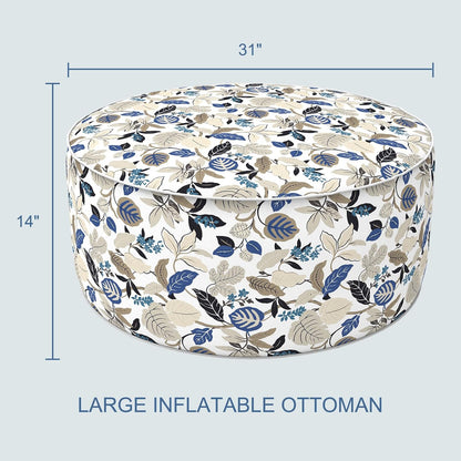 LVTXIII Indoor/Outdoor Inflatable Ottoman, D31 x H14 Inch Large Round Ottoman, All Weather Foot Rest Stool, Portable Footrest for Patio, Garden, Camping and Home - Breeze Leaves Beige