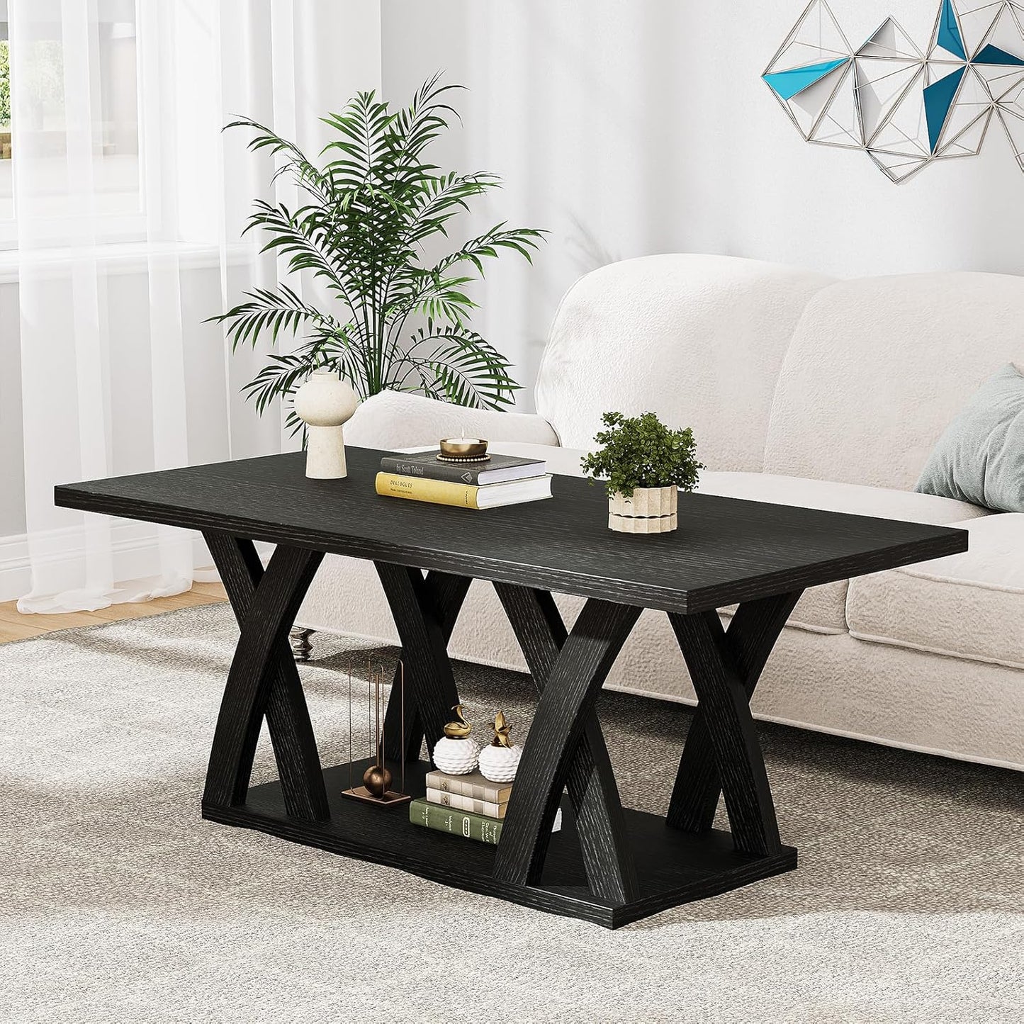 47” Wood Coffee Tables for Living Room Rustic Stands with Storage Shelf Black Coffee Tables for Living Room Farmhouse Center Stands with Shelf Farmhouse Rectangle Center Table