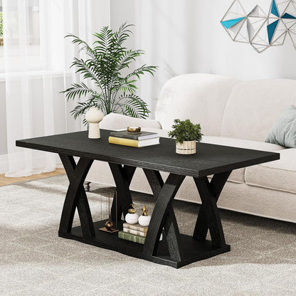47” Wood Coffee Tables for Living Room Rustic Stands with Storage Shelf Black Coffee Tables for Living Room Farmhouse Center Stands with Shelf Farmhouse Rectangle Center Table