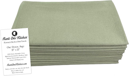 Aunti Em's Kitchen Flour Sack Dish Towels - Natural Cotton for Embroidery and Drying Glass, Hand, Dinnerware - Plain, Thick, Zero-Lint, Highly Absorbent - Set of 12, 27 x 27 Inch, Sage Green