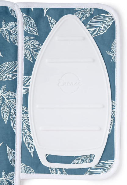 Encasa XO Ironing Mat/Pad (Small 28"x20") with 3mm Padding & Silicone Iron Rest for Steam Pressing on Tabletop or Bed - Heat Resistant, Portable, Quilting & Travel Blanket - Big Leaves Blue