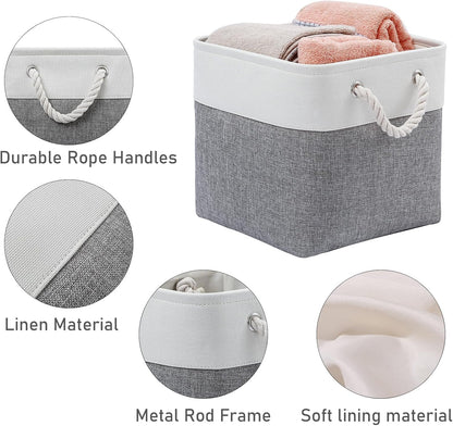 12 x 12 Inch Cube Storage Bins, 6 Pack Large Collapsible Fabric Storage Bin with Ropes, Foldable Storage Cubes for Home, Office,Closet, Clothes, Toys Organizer (White & Grey)