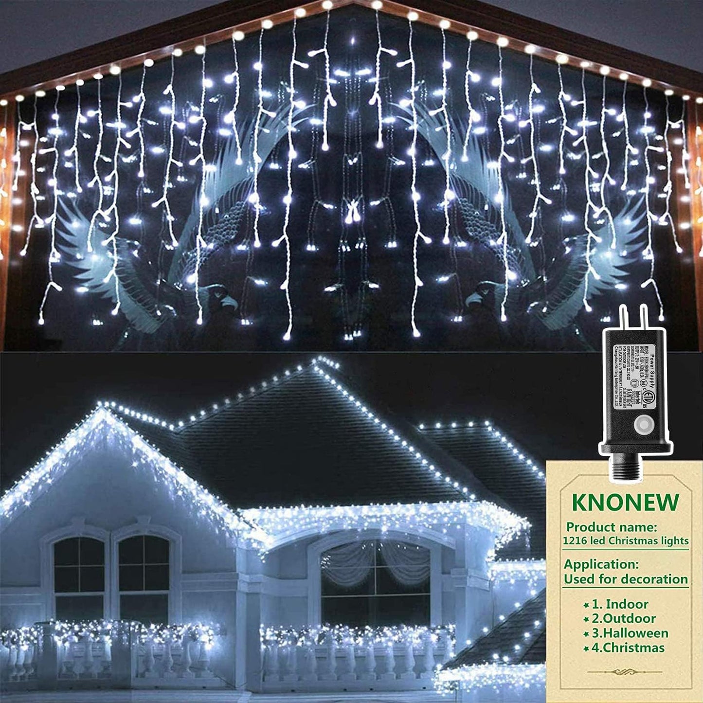 KNONEW 99FT 1216 LED Christmas Lights Outdoor Decorations 8 Modes White Curtain String Light with 228 Drops, Clear Wire LED String Light Indoor Decor for Wedding Party Holiday Christmas