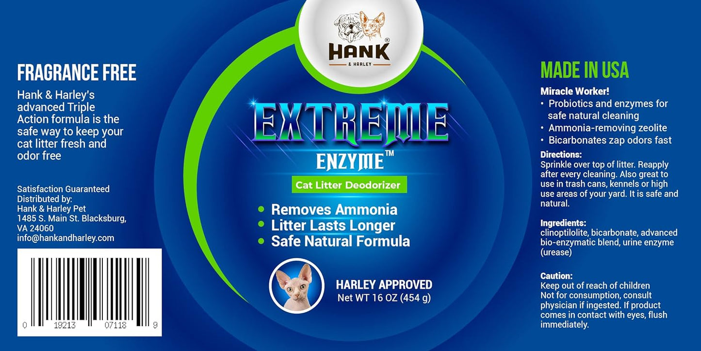 Extreme Enzyme, CAT Litter Odor Eliminator. Triple-Action Deodorizing Powder with Natural enzymes, Ammonia removers and Activated Baking soda. Fragrance Free & Made in USA (1lb)