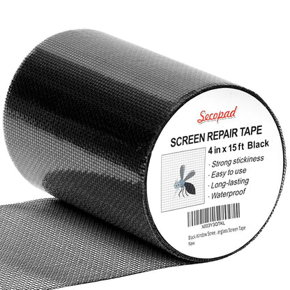 Black Window Screen Repair Tape, 4 in X 15 FT (180IN) Screen Repair Kit for Windows or Doors, Strong Adhesive Fiberglass Mesh Patch Tape