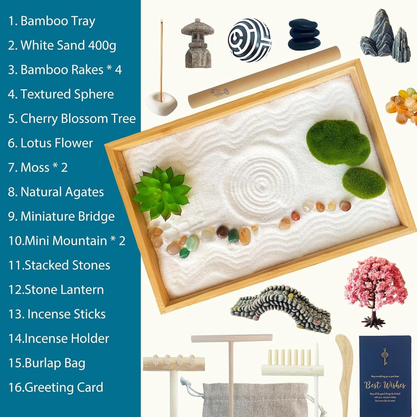 Threeheng Mini Japanese Zen Sand Garden Kit for Desk, Muti-Functional Sand Tray Therapy Kit with Bamboo Tray - Includes Ball Insense Holder Crystals and More for Meditation, Gifts (Bamboo)