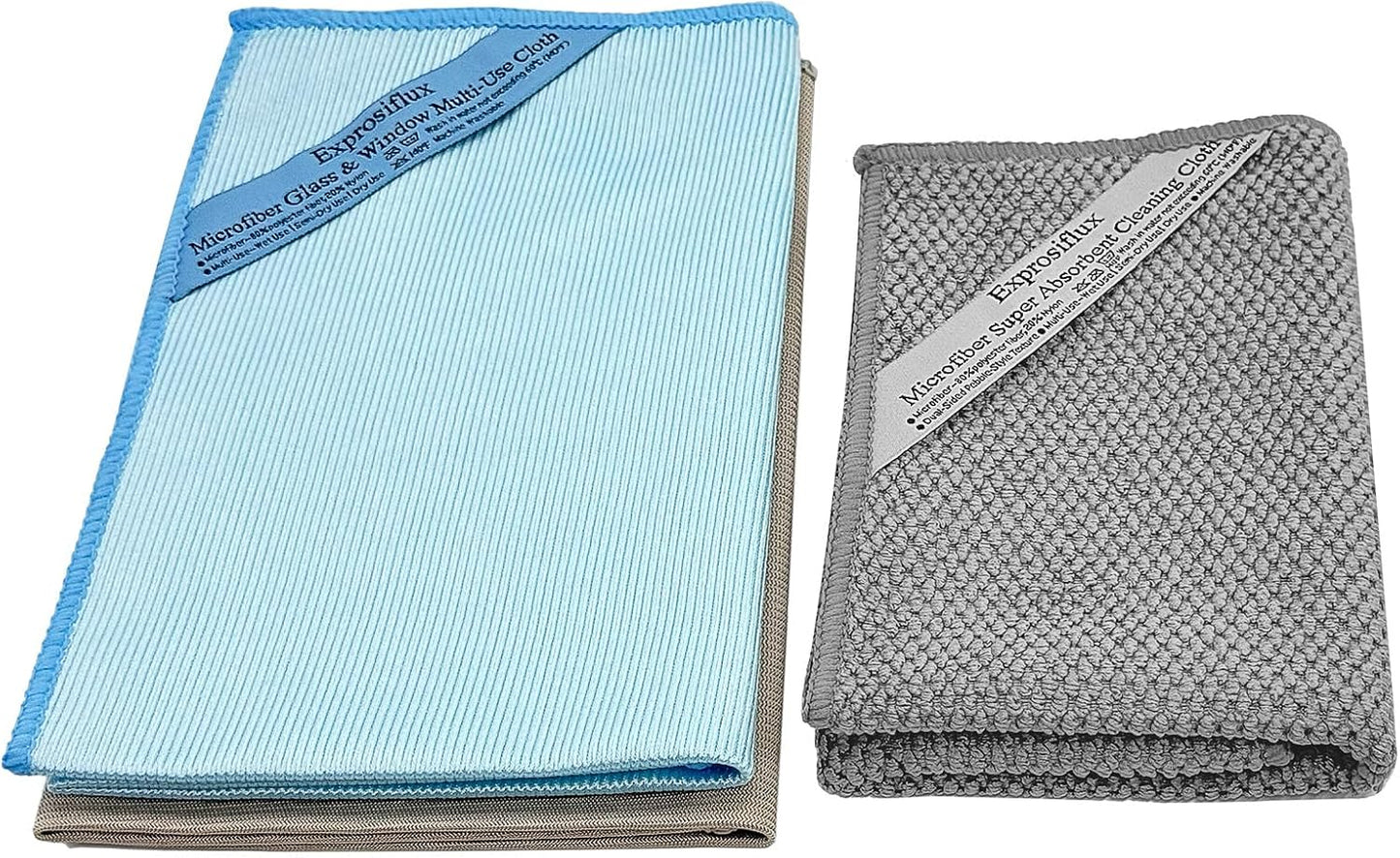 2-Step Glass Cleaning Cloth 3-Pack - Lint-Free Microfiber Towels Polish & Scrub Kit - Water Only Streak-Free for Windows, Cars, Mirrors - Blue, Brown, Gray