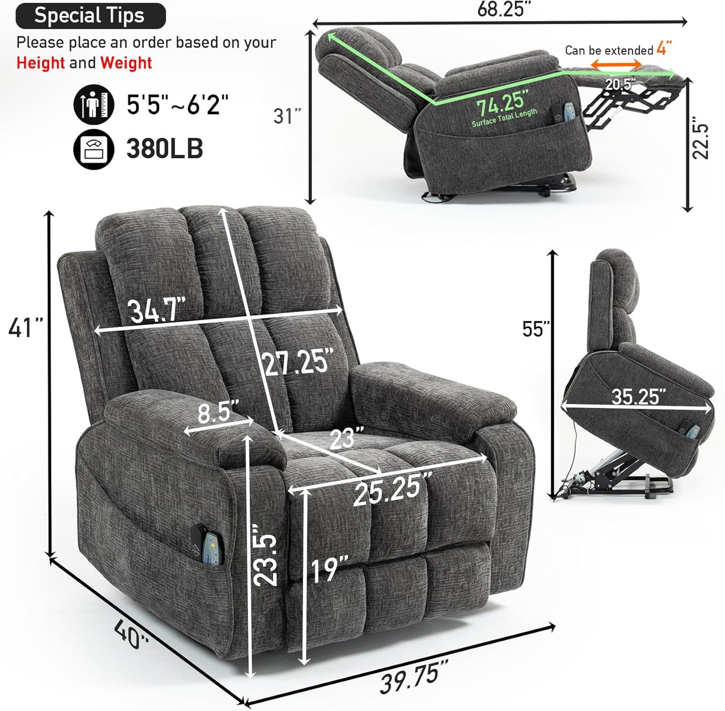 Lazy Boy Recliner Chair, Postoperative Recovery，Retractable 23'' Extra-Long Leg Support Lift Chair Hold up to 400lb，25.5'' Oversized Recliner seat for Big and Tall