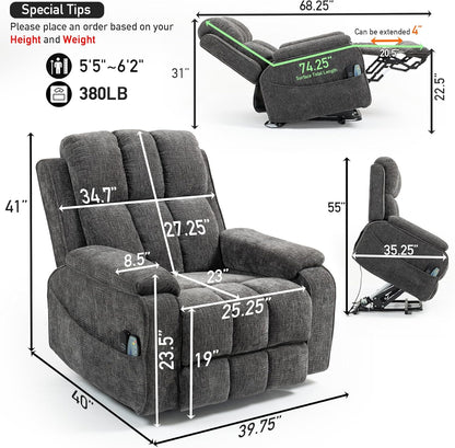 Lazy Boy Recliner Chair, Postoperative Recovery，Retractable 23'' Extra-Long Leg Support Lift Chair Hold up to 400lb，25.5'' Oversized Recliner seat for Big and Tall