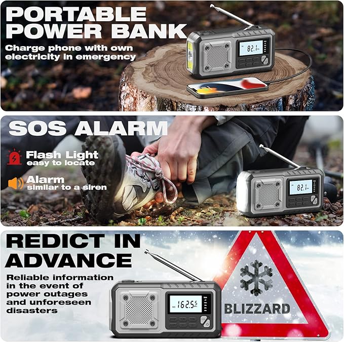 Emergency Weather Radio 5000mAh with Solar Hand Crank, Men Dad Husband Cool Gadgets, NOAA AM FM Portable Battery Power Weather Alert Radios with Flashlight, Perfet Gifts for Home Outdoor Office