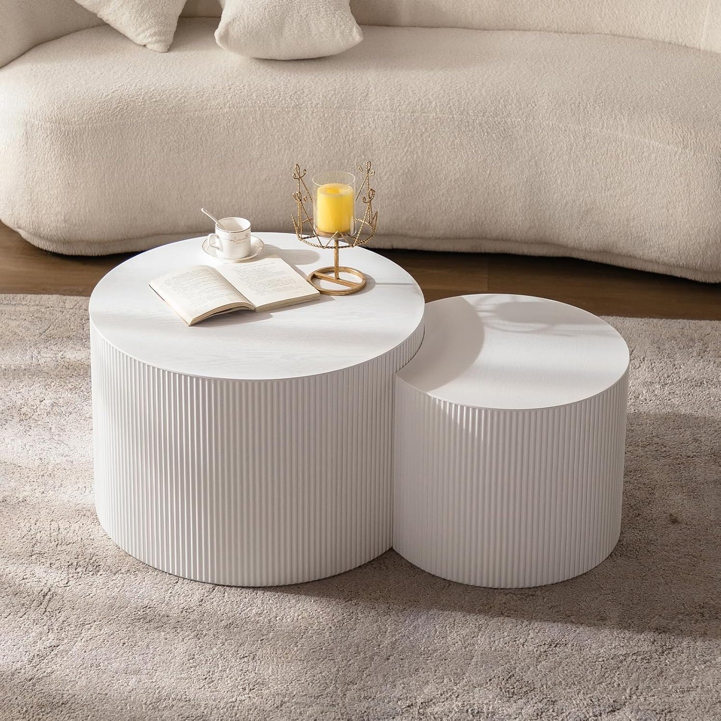 Round Nesting Coffee Table Modern White Fluted Coffee Table Set of 2 Stripe Round Coffee Tables Drum Crescent Side Table Accent End Table for Living Room (White A Small)