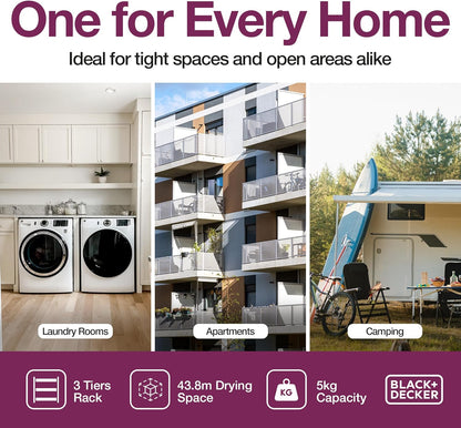 BLACK+DECKER Over The Door Expandable Telescopic Drying Rack, Clothes Organizer, Towel Hanger, Laundry, Collapsible, Black