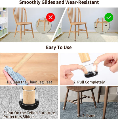 Ezprotekt 24 Pcs Clear Chair Leg Sliders for Carpet, Round Teflon Furniture Glides for Rug, Carpet Sliders Protectors Caps for Dining Table Chair, Bar Stool Legs (L Fit: 1-1/10" to 1-3/10")
