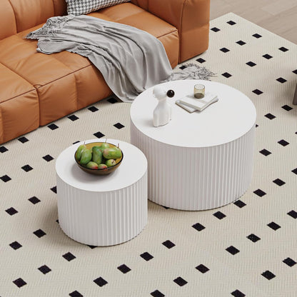 WXFKLDJ Round Nesting Coffee Table Set Cylindrical Wooden Coffee Table Sofa Center Table Circle Embossed Design Side Table for Living Room Apartment No Assembly (Round White Small)