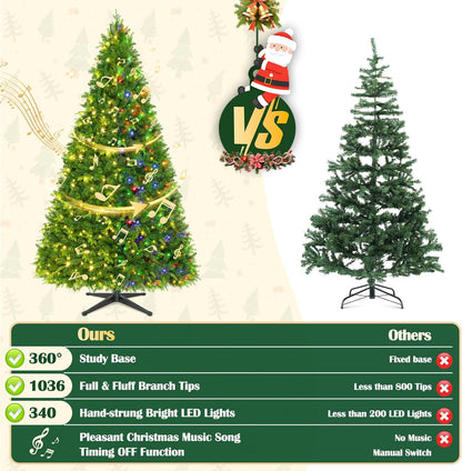 6.5FT Pre-Lit Christmas Tree with Remote Control, Multi-Color LED Lights, Musical Rotating Christmas Tree Stand, Easy Assembly in 3 Sections, Foldable Metal Stand for Home Holiday Decor