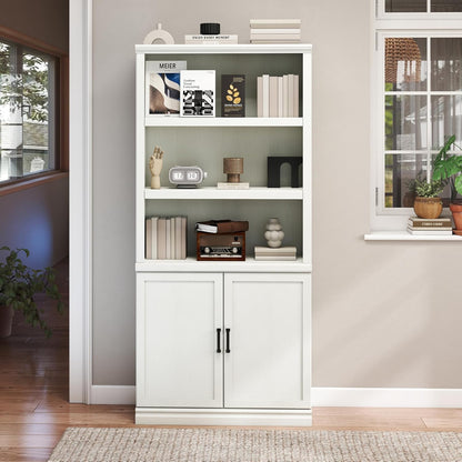 70 Inch Tall Bookcase with Doors, Library Office Bookshelf with Adjustable Shelves, Floor Standing Storage Cabinet for Bedroom Living Room Organizer with Anti Tipping Kit, Soft White Finish