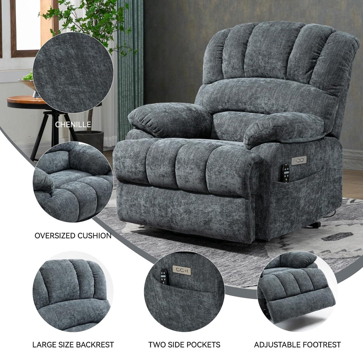 Power Lift Chair with Vibration Massage and Lumbar Heat for Elderly, Electric Recliner Chair Max 155° with Charging Ports, Blue Gray