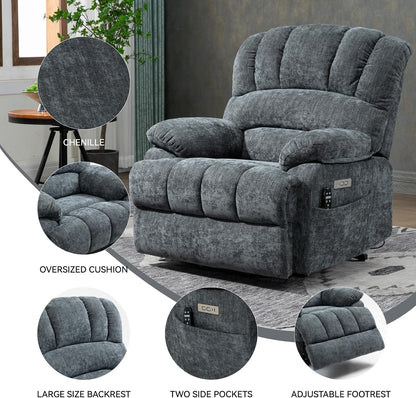 Power Lift Chair with Vibration Massage and Lumbar Heat for Elderly, Electric Recliner Chair Max 155° with Charging Ports, Blue Gray