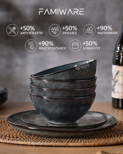 Famiware Ocean Round Plates and Bowls Set, 18 Pieces Dinnerware Sets, Dishes Set for 6, Reactive Glaze, Microwave and Dishwasher Safe, Scratch Resistant, Deep Forest