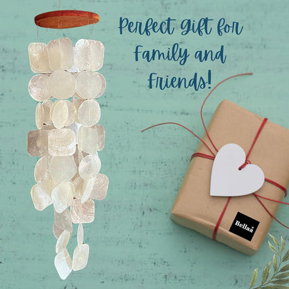 Bellaa 22913 Wind Chimes Outdoor, Garden Decorations, Musical, Indoor/Outside Windchimes, Beach, Ocean Breeze, Gifts for Mom, Gift for All Occasions, Capiz Sea Glass Shells Wood White 27 inch