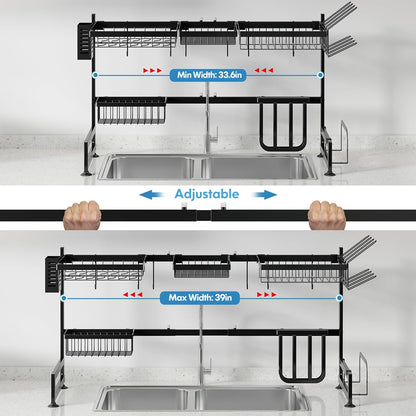 2 Tier Extra Large Stainless Steel Expandable Over The Sink Dish Drainer Drying Rack, Rust Proof Metal, Space Saving, Modern Black Big Capacity Extendable Plate Strainers Above Kitchen Counter
