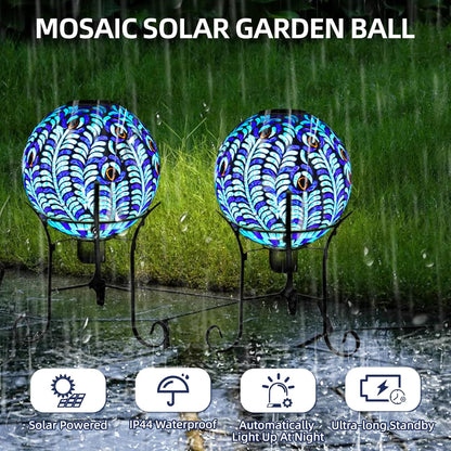 VOREEN Solar Gazing Ball, 10" Mosaic Glass Gazing Globe with Solar Light, Handmade Outdoor Yard Decor Sphere for Patio Lawn Garden, Gift for Mom Wife Friend, Peacock Feather Design (Blue)