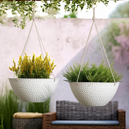 LA JOLIE MUSE Hanging Planters for Outdoor Plants, Large Hanging Planter with Drain Holes, Outdoor Hanging Flower Pots, White Stone, Honeycomb (13.2 Inch, Set of 2)