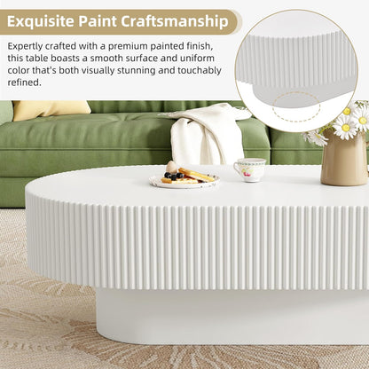 43.3" Oval Fluted Coffee Table Modern Elegant Drum End Table, Minimalist Center Table 7.8" Thick Tabletop with Sturdy Base for Living Room, Bedroom, Apartment,Easy Assembly, White
