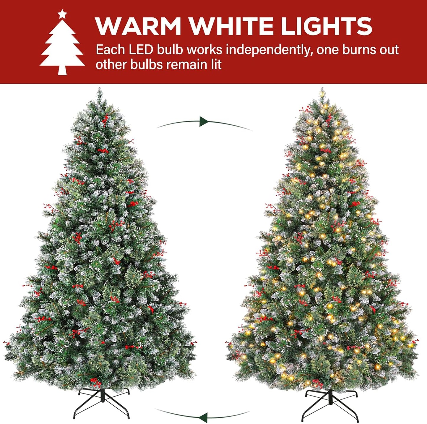 Hykolity 6 ft Prelit Artificial Christmas Tree, Frosted Christmas Tree with 250 Warm White Lights, 956 PVC Branch Tips, Metal Stand and Hinged Branches