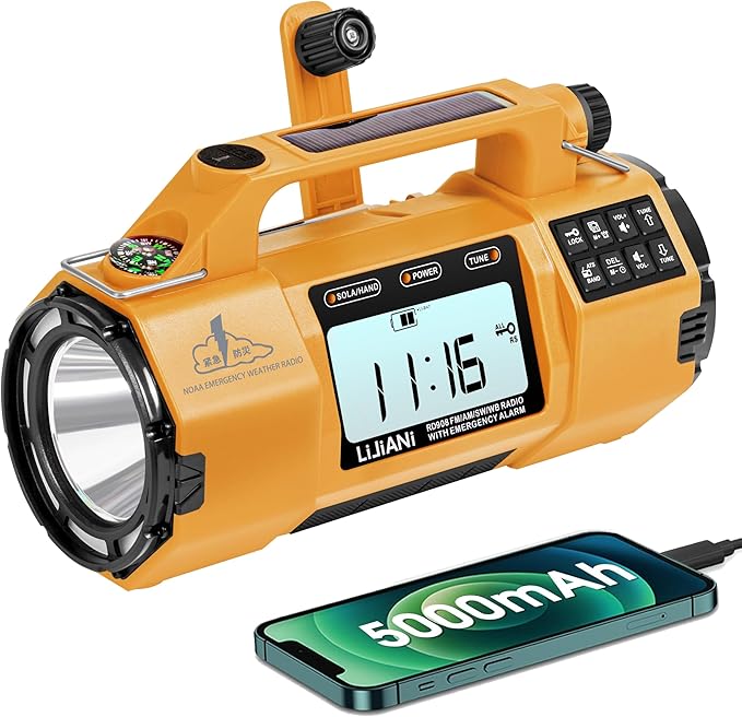 Emergency Radio FM/AM/SW/NOAA Weather Alert, Big Flashlight Big Speaker,Sleep Timer Alarm Clock, Solar/Hand Crank 5000mAh Replaceable Battery,with Cell Phone Charger Hurricane Storm Survival kit