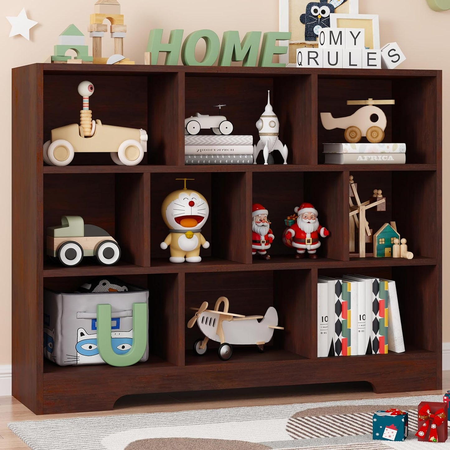 Book Shelf, 10 Cubes Storage Organizer, 3-Tier Open Shelf Wooden Bookcase, Freestanding Cherry Bookshelf Cube Shelf for Living Room