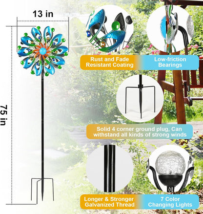 Wind Spinners for Yard and Garden - Wind Sculptures & Spinners, 75 Inch, Navy Blue, Kinetic Art with Solar Powered Multi-Color Glass Ball Light